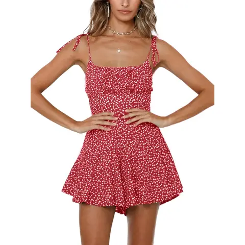 Women's Summer Dress Floral Sleeveless Beach Dress Vintage Mini Dress Coverall Playsuit (WatermelonRed, XL)