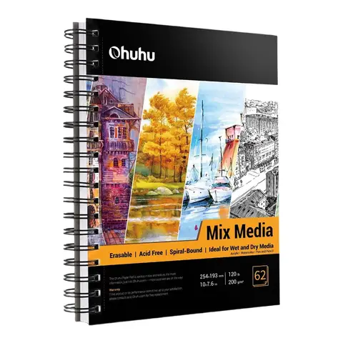 Ohuhu Mixed Media Sketchbook 10×7.6" (25.4×19.3cm) Portrait Format - 200gsm Spiral Bound, 124 Pages (62 Sheets) Acid-Free Paper for Watercolour, Acrylic, Pencils & Pastels, Wet & Dry Media