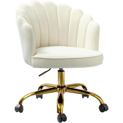HULALA HOME Office Chair with Gold Frame, Modern and Upholstered Desk Chair, Velvet Vanity Chair, Adjustable Swivel Chair, White