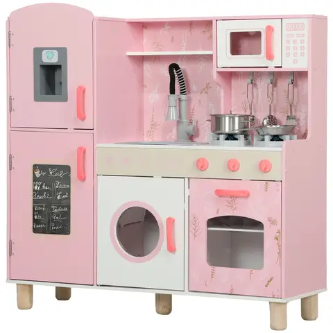 AIYAPLAY Toy Kitchen, Pretend Role Play Kitchen, Kids Kitchen Set with Lights and Sounds, Double Stoves, Ice Maker, Chalkboard, Microwave, Oven, Sink, 5 Accessories, for 3+ Years, Pink