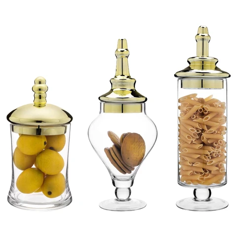 MyGift 3-teiliges Set Antike Klarglas-Apothekergefäße mit Deckel, Hochzeitsmittelstück, Küchenaufbewahrungsgläser mit metallischen Messingdeckeln
