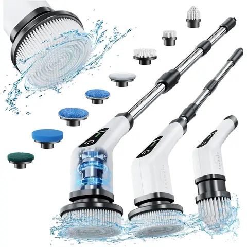 Electric Cleaning Brush， Electric Spin Scrubber Cordless with 8 Interchangeable Drill Brush Heads， Tub and Floor Tile Mop Set with 137 cm Adjustable Handle for Bathroom Kitchen Car Floor (White), New Year Sale , Top gift picks