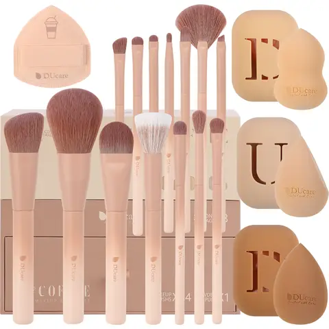 DUcare The Coffee Series Luxus Make-up Pinsel 14 Stück und 3 Stück Make-up Schwämme als Festtags-Geschenk mit eleganter Geschenkbox