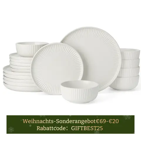 [Rabattcode: GIFTBEST25 €69-€20]  Richmount Starlight 18-tlg. Geschirrset für 6 Personen， Gerippter Rand Mattweiß， Reaktive Glasur， Für Alltag & Festliches Essen