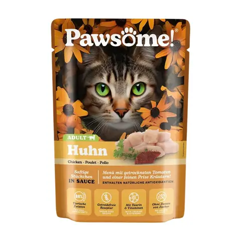 PAWSOME Katzen-Nassfutter Adult Huhn - 28 x 85g Beutel - Alleinfutter mit 88 % Fleisch, getreidefrei, ohne Zuckerzusatz