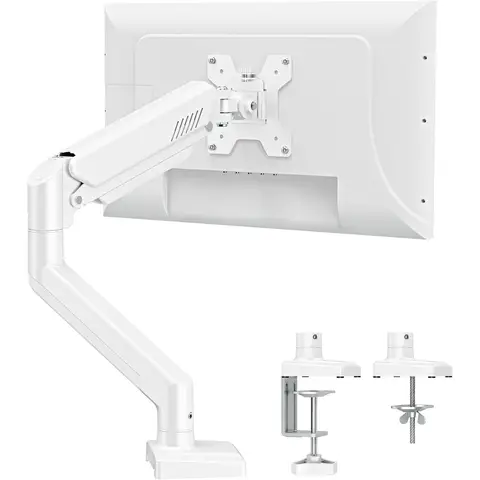 Single Monitor Arm for Most 13-32 Inch Monitors with VESA 75x75/100x100mm up to 9KG, 360° Rotation Gas Spring Arm with C-Clamp and Grommet Base, Monitor Stand Mount, White