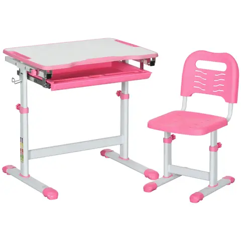 HOMCOM Kids Desk and Chair Set, Height Adjustable Student Writing Desk, Children School Study Table with Tiltable Desktop, Drawer, Pen Slot, Hook - Pink