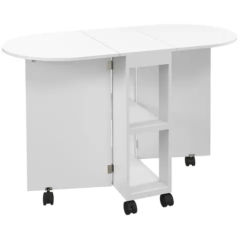 HOMCOM Mobile Folding Dining Table, Drop Leaf Table for Small Spaces with 2-tier Shelves, Small Kitchen Table With 6 Wheels, White