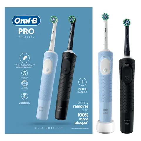 Oral-B Vitality Pro Adult Electric Toothbrushes, Duo Pack, 2 Toothbrush Heads, 3 Brushing Modes Including Sensitive Plus, 2 Pin UK Plug, Black & Blue