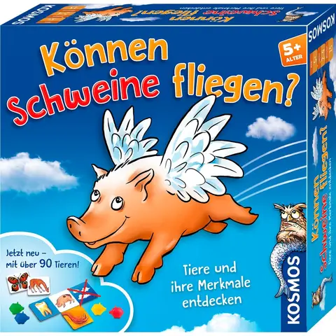KOSMOS 697952 Können Schweine fliegen? Tiere und ihre Merkmale entdecken, Kinderspiel ab 5 Jahre für 2-4 Spieler, lustiges Familienspiel
