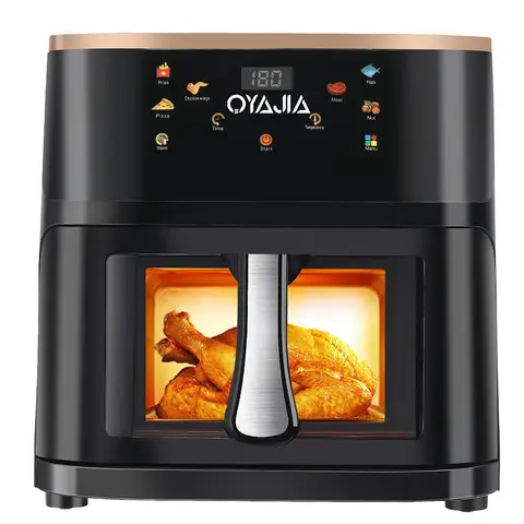 Oyajia Friteuse à air chaud 9 L, fenêtre de visualisation, type n°21, grand format familial, 6 programmes de cuisson, écran tactile intelligent, fonction minuterie, compatible lave-vaisselle, cuisson sans huile et à faible teneur en matières grasses, appareil noir