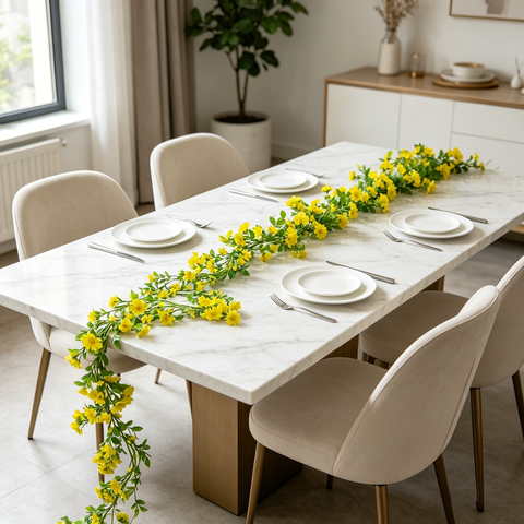 Yuejia2Pcs 6.56ft/2mArtificial Daisy Flowers Vine Silk Wildflower Garland Spring Fake Flower Vine Hanging Ivy Blue Daisy Flowers Green Leaves for Wall Party Wedding Arch Floral Decor Home Indoor Outdoor Ceremony(yellow)