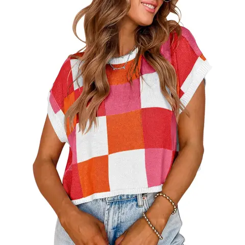 Women's Cap Sleeve Crop Tops Summer Color Block Going Out Crew Neck Knit Trendy Casual Sweater (Red, L)