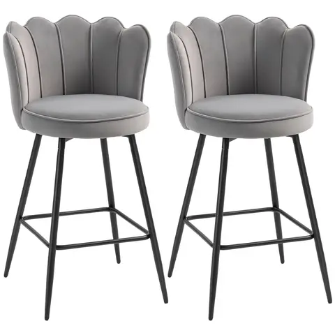HOMCOM Bar Stools Set of 2, Modern Velvet Barstools with Petal Backrest and Footrest,Breakfast Bar Chairs Grey