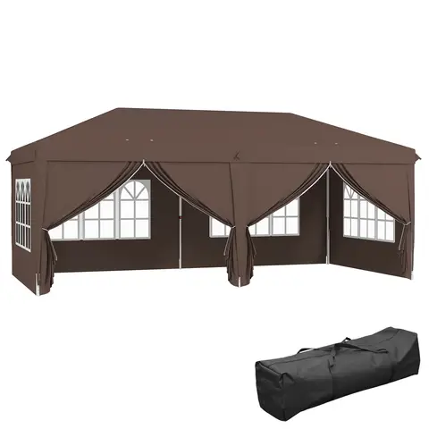 Outsunny 3 x 6 m Garden Pop Up Gazebo, Wedding Party Tent Marquee, Water Resistant Awning Canopy with Sidewalls, Windows, Carry Bag, Brown