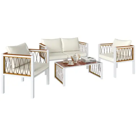Outsunny 4 Piece Rattan Garden Furniture Set with Loveseat, 2 Armchairs, Glass Top Table, Metal Frame 4 Seater Wicker Patio Conversation Set with Cushions, Non-slip Mats for Outdoor, Cream White