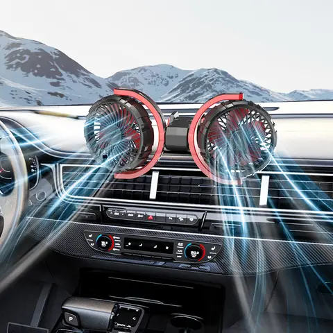 Foldable Dual Head Car Fan with 2 USB Ports, 12V/24V Cigarette Lighter Powered, 3-Speed Adjustable Cooling Fan with 360° Rotation