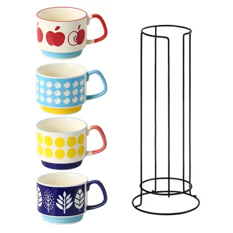 ​
 
Set of 4 Ceramic Mugs with Fun Patterns, 300ml Colorful Coffee Cups (Apple, Dots, Leaf, Stripe)