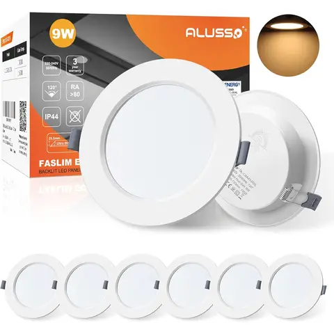 Alusso LED Recessed Spotlights, 230 V Spotlights, LED Flat, 9 W Ceiling Spotlights,
Warm White, 3000 K, Recessed Lights, IP44 Ceiling Spotlight for Bathroom,
Living Room, Set of 6 [Energy Class E]