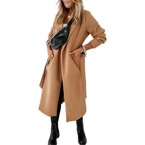 Women's Classic Coat Lapel Collar Open Front Belted Long Jacket (camel, XXL)