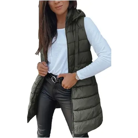 Women Long Vest Solid Color Sleeveless Hood Winter Puffer Vest Outwear (ArmyGreen, XXL)