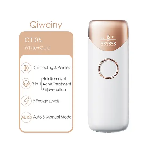 Qiweiny CT05 White IPL Hair Removal Device – Painless & Laser Ice Cooling System, 3-in-1 At-Home Use with 9 Intensity Levels