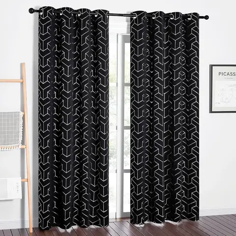 PONY DANCE Foil Printed Blackout Curtains Eyelet, 2 Panels W140 x L245cm (W55 x L96inch), Black