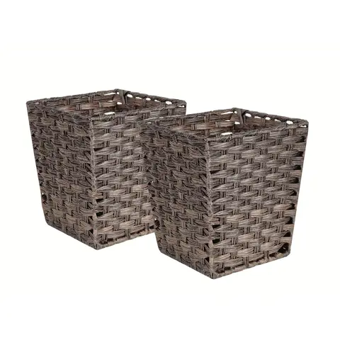 KEVAHOME SET OF 2 PP FAUX RATTAN WASTE BASKET-DARK BROWN 10x10x11"H