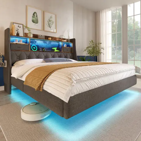 Upholstered Bed 4ft6 Floating Bed with LED Lighting, USB Type-C Charging, Storage Headboard for Cellphones and Tablets  with 
