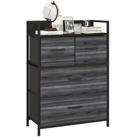 HOMCOM Bedroom Chest of Drawers, Fabric Dresser with 4 Drawers, Storage Organiser Unit with Shelf and Metal Frame Black
