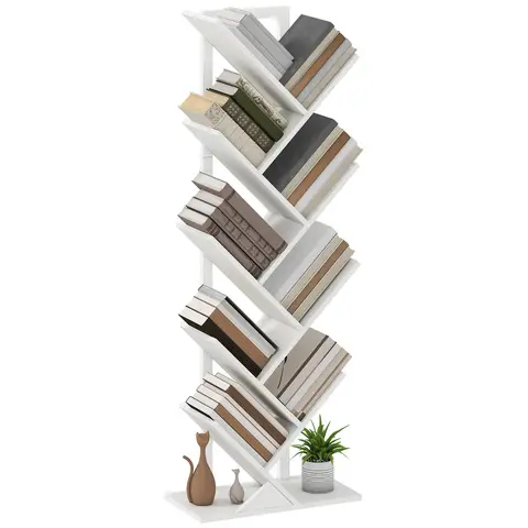 HOMCOM 9-Tier Tree Bookshelf, Industrial Free Standing Bookcase with Steel Frame, Display Storage Unit White