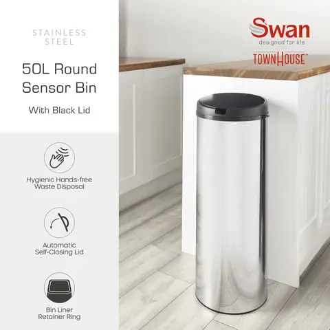Swan 50L Round Sensor Bin With Black