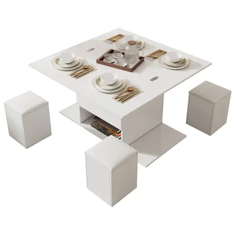 Table 100x50x48 cm, réglable en hauteur, avec roulettes, 4 tabourets & rangement – peut être utilisée comme table basse, table à manger ou table de travail, blanc