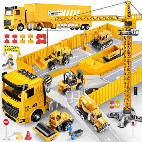 Friction-Powered Musical Container Truck Set (Comes with 6 Alloy Engineering Vehicles, Alloy Crane Tower, Catapult Function, Music Buttons and Engineering Scene Accessory Pack)