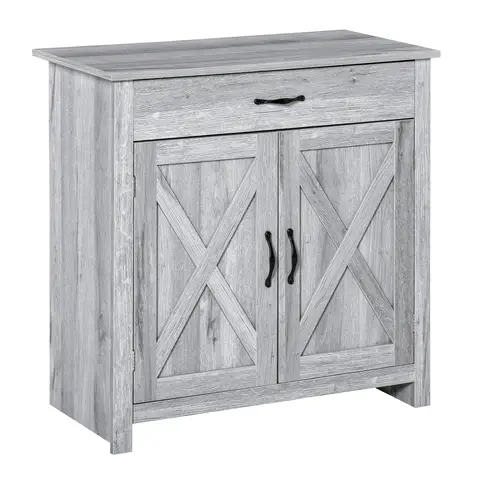 HOMCOM Farmhouse Barn Door Sideboard Storage Cabinet Coffee Bar for LIVING Room – Grey Grain