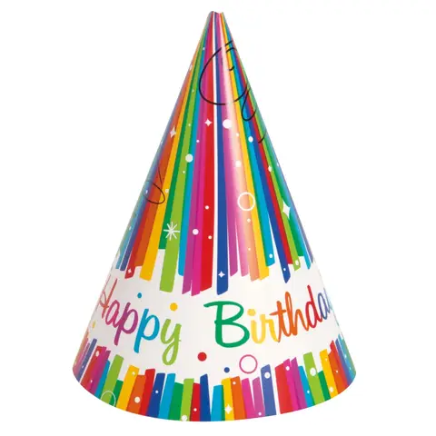 Unique Rainbow Ribbons Birthday Party Hats, 8 pack