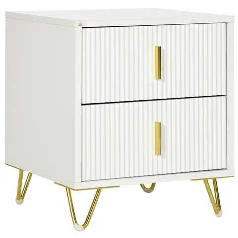 HOMCOM Modern 2 Drawer Dresser, Fluted Bedroom Dresser Chest of Drawers with Metal Legs and Steel Handles for Bedroom, White