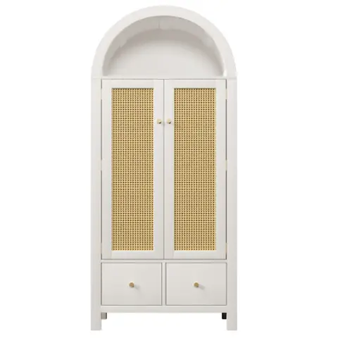 Aufbewahrungsschrank aus geflochtenem Rattan, offenes halbrundes Regal, Kippschutz, Farbe Eiche/Weiß Weiß