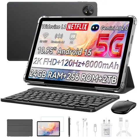 Blackview Zeno 10 Tablet, 11-inch FHD 1920x1200, 5G, Android 15, Gemini AI， Unisoc T8200, 24GB(8+16) RAM + 128GB ROM, 8800mAh,  PC Mode,  Widevine L1,  Face ID,  16MP+13MP, GPS, OTG, Gaming Tablet with Keyboard and Stylus