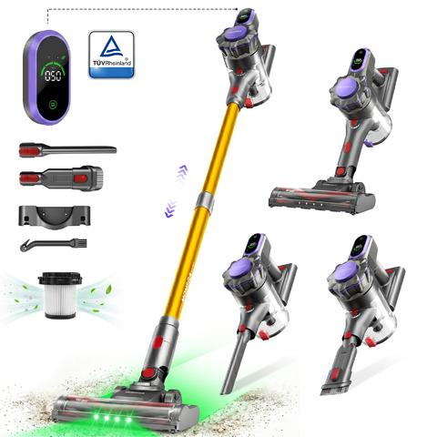 [Limitierte Angebote - 69,99 € mit kostenlosem Lieferung am nächsten Tag] monsgaClean MV3 kabelloser Stielstaubsauger, Multi-Zyklon, 550 W, 55 kPa, 55 Min. Laufzeit, Leichter Handstaubsauger für Tierhaare & Hartböden, Anti-Tangle, LED-Display