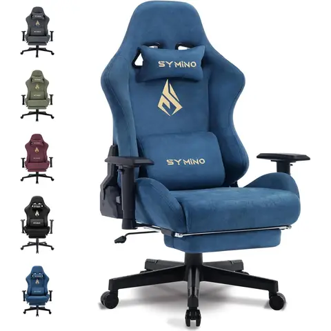Symino Gaming-Stuhl, atmungsamer Bürostuhl aus hochwertigem Stoff, weich wie Fell, ergonomischer PC-Stuhl, verstellbarer und drehbarer Schreibtischstuhl mit Fußstütze, blau