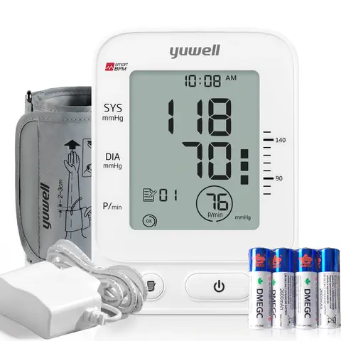 yuwell Upper Arm Blood Pressure Monitor | Medical Grade, Blood Pressure Machine for Home Use | Wide Range BP Cuff, Large Display,  99 Readings, Power Adapter(YE660E)