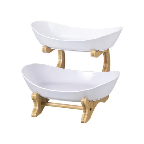 Doppellagiges Snack-Tablett, Material: PP-Platte + Bambusrahmen; 1 Rahmen (15*22cm) + 1 Platte (17*25*5,5cm) + 1 Platte (18*26,5*6cm); Farben: Weiß