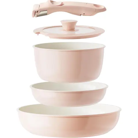 [Offres d'été 15 € de réduction - Code : RCOOK15EU] Redchef Batterie de cuisine en céramique 5 pièces, avec casseroles de 20 cm, couvercle, poêles de 20 cm/26 cm & poignée amovible, sans PTFE/PFOA/PFAS, compatible lave-vaisselle, extérieur rose & intérieur blanc