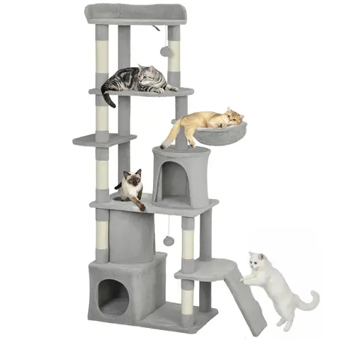 PawHut Cat Tree, 170 cm Large Cat Tower with 7 Scratching Posts, 1 Tunnel, 2 Condos, 1 Hammock, 1 Perch, 1 Ramp, 3 Platforms, 2 Pompoms, Multi-Level Kitty House for Indoor Kittens, Light Grey