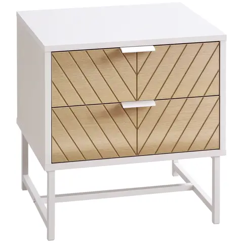 HOMCOM Modern Bedside Table with 2 Drawers and Metal Frame, Sofa Side Table for Bedroom Living Room, White and Oak