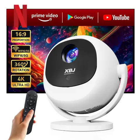 Android 13 Smart Projektor, 1080P HD Tragbarer Heimkino Projektor, WiFi6 Bluetooth5.0, 360° drehbarer Ständer, Integrierte Streaming-Apps für Zuhause Schlafzimmer Outdoor mit Fernbedienung WEISS