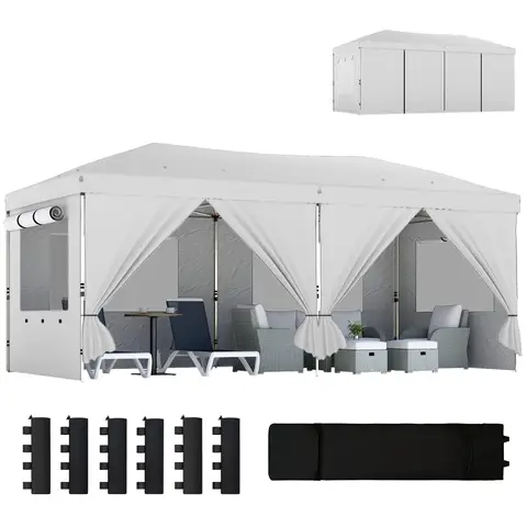 Outsunny 3 x 6 m Pop Up Gazebo with 6 Sidewalls, UPF50+ Outdoor Wedding Party Tent Marquee, Adjustable Height Event Shelter with Wheeled Bag, Sandbags & Stakes, White