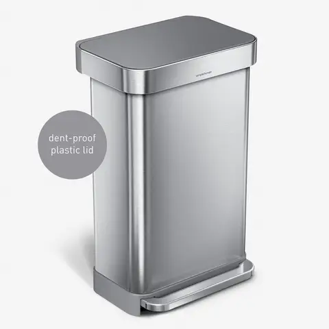 Simplehuman 45L Rectangular Pedal Bin with Liner Pocket, Brushed Stainless Steel with Grey Plastic Lid