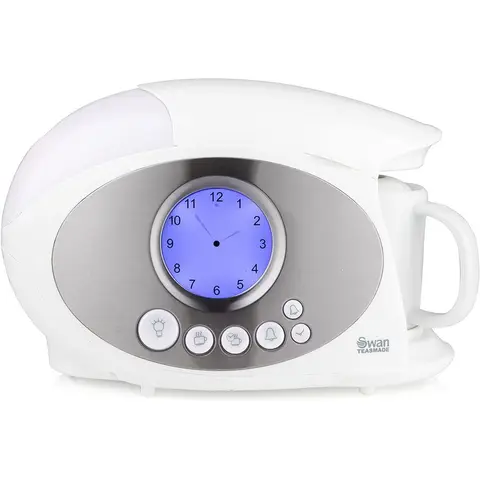 Swan Teasmade Kettle with LCD Analogue Clock, Teapot, Built-in Alarm, Reading Light, Rapid Boil, 600ml, 850W, White - STM200N